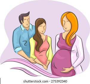 Illustration of a Surrogate Pregnant Girl with the Intended Parents