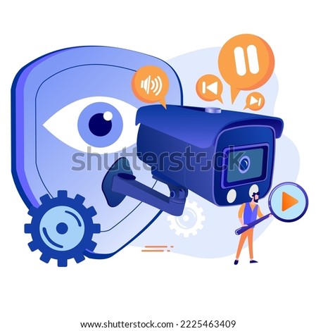 illustration of surveillance CCTV camera playback concept with video playback, start play button and pause button. Playback CCTV camera footage with voice feature.  