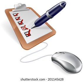 An illustration of a survey clip board or feedback form and computer mouse concept