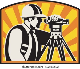 Illustration of surveyor civil geodetic engineer worker with theodolite total station equipment with sunburst done in retro woodcut style,