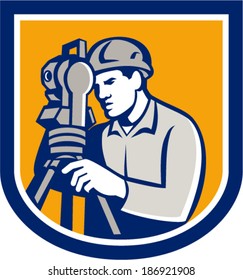 Illustration of a surveyor geodetic engineer using total station theodolite instrument surveying viewed from side done in retro style set inside shield.