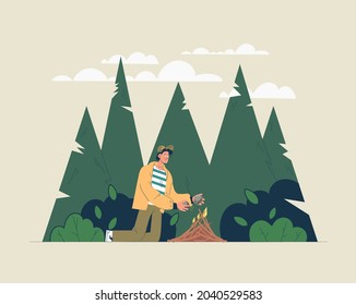 Illustration survive in the forest. make a bonfire with stones