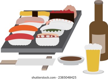 Illustration of sushi and bottled beer