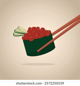 An illustration of sushi featuring a rolled sushi topped with fresh fish eggs and cucumber garnish, all wrapped in seaweed and held with chopsticks.