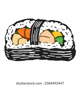 Illustration of Sushi for Japanese Cuisine and Food Branding A detailed illustration drawing of sushi rolls, perfect for restaurant menus and culinary designs