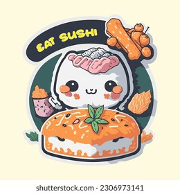 Illustration of sushi kawaii with 'eat sushi' text