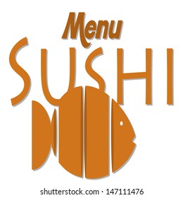illustration of sushi menu, text and orange fish, white background