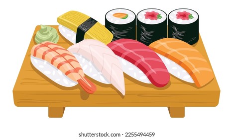 Ilustración de sushi nigiri sobre un soporte de madera