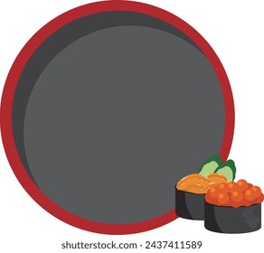 Illustration of a sushi oke frame and salmon roe and sea urchin gunkanmaki