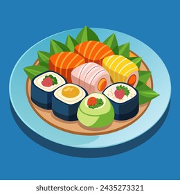 illustration of sushi on a blue plate on a blue background in vector style