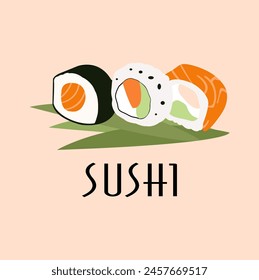 Illustration of sushi on a light pink background.