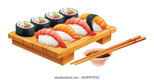 Ilustración de plato de sushi con varios nigiri y maki rollos. Vector de comida japonesa aislado sobre fondo blanco