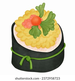 Illustration of sushi rice in a black seaweed roll Top with omelet and egg yolk.