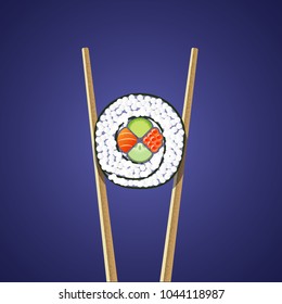 Illustration of sushi roll holding between two chopsticks on the dark background. Flat and textures.