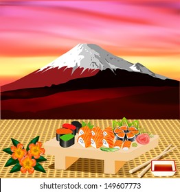  illustration of sushi rolls with greenery on the background of Fujiyama