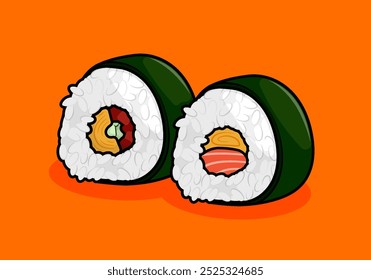 illustration of sushi rolls with nori seaweed in line art style. Can be used for restaurants, cafes, local street food, cookbook menu covers