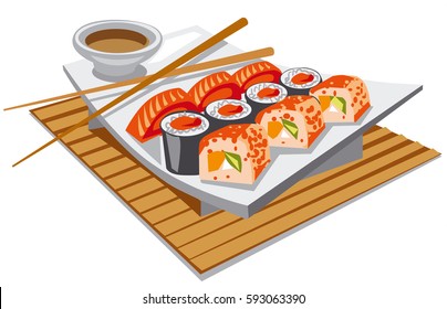 illustration of sushi rolls with sauce on plate