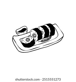 ilustração de rolos de sushi servidos em uma travessa com um lado de molho de imersão.