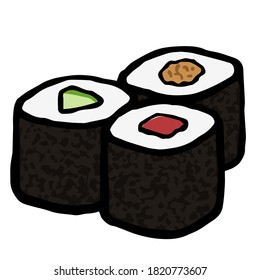 Illustration of Sushi Roll(Tekka maki,Kappa maki,Natto maki): Illustration like woodblock print 