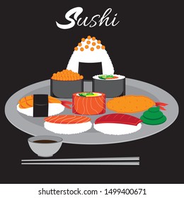 Illustration of Sushi Set isolated on black background - Vector.