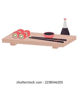 illustration of sushi set on wood plate and chopsticks