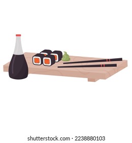 illustration of sushi set on wood plate and chopsticks