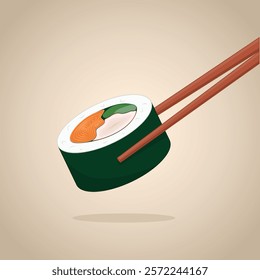 An illustration of sushi showcasing sushi rolls packed with rice, fresh salmon, tuna, and avocado, all wrapped in seaweed and held with chopsticks.