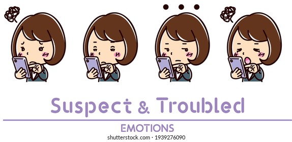 Illustration of suspicious facial expressions and troubled facial expressions of a woman operating a smartphone