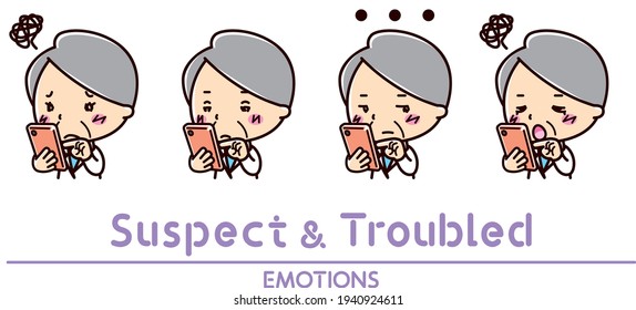 Illustration of suspicious facial expressions and troubled facial expressions of a female doctor who operates a smartphone