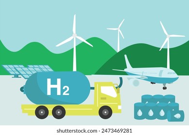 Ilustración de combustible de aviación sostenible hecho de hidrógeno verde