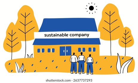 Illustration of a sustainable company building with a blue roof, surrounded by yellow trees and a bright sun, showcasing eco-friendly business practices and community engagement