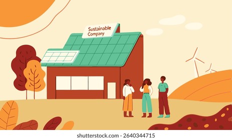 Illustration of a sustainable company building with solar panels, surrounded by trees and wind turbines, showcasing eco-friendly practices and community engagement in a vibrant landscape