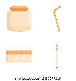 Illustration of a sustainable, ecofriendly reusable products set made of glass, bamboo, beeswax, and more, perfect for zero waste, green living, and environmental conservation