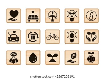 Illustration of a sustainable environment icons on Wooden blocks.