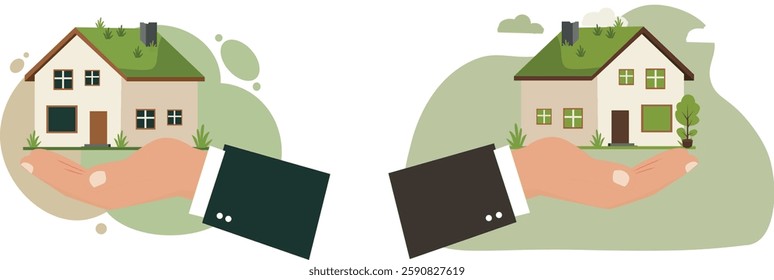 Illustration of a sustainable home with a green roof, held in a hand, symbolizing eco-friendly housing and sustainable architecture. 