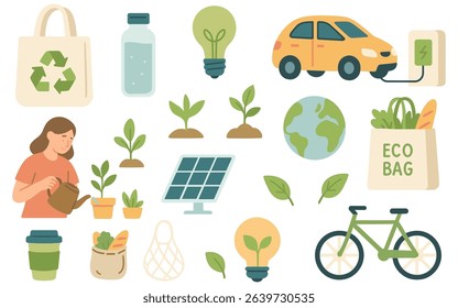 An illustration of sustainable lifestyle choices for an eco friendly future and healthy planet