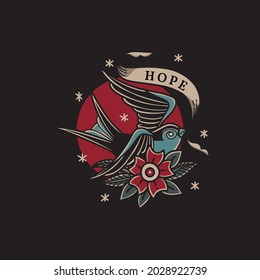Illustration of the swallow is bringing the ribbon of hope with traditional old school tattoo style