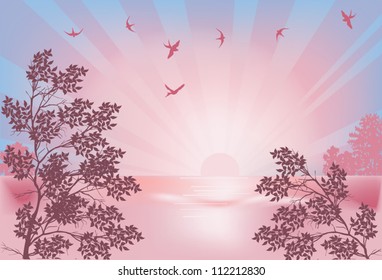 illustration with swallow at pink sunset