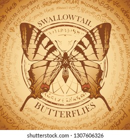 Illustration of a Swallowtail machaon butterfly on the old abstract background with illegible inscriptions written in a circle. Vector banner in retro style in beige colors.