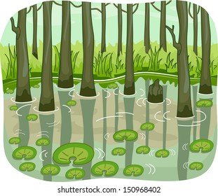 Illustration of a Swamp with Lotus Leaves Floating Around