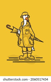 Illustration of a swan character wearing a raincoat and holding an umbrella with a bucket hat on his head