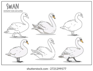 Ilustração de um cisne apresentado em múltiplas poses com contornos claros, capturando sua estrutura graciosa e elegância. Conceito de concepção animal