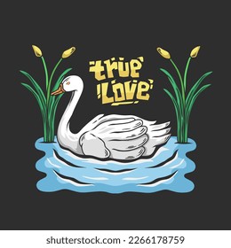 illustration of swan swimming in water and plant background.retro and vintage style concept.nice design for tattoos,t-shirts and stickers