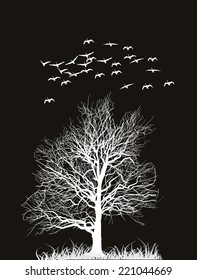 illustration with swans and bare tree isolated on black background