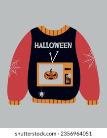 Illustration Sweater with Print TV Show Pumpkin and Text Halloween