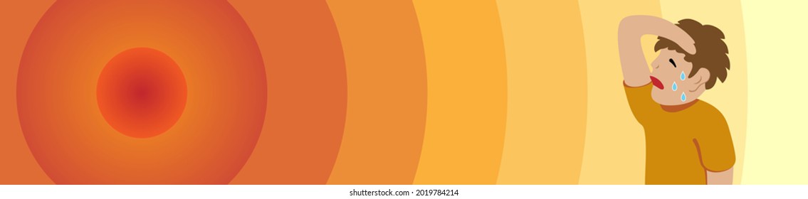 An illustration of a sweating man is placed on the right side. Concentric circles with the image of the sun are placed in the background. Created with vector data.