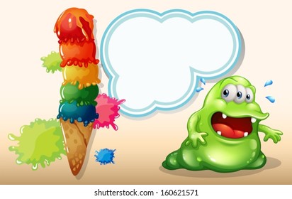 Illustration of a sweaty fat monster near the giant icecream