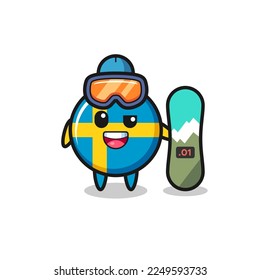 Illustration of sweden flag badge character with snowboarding style , cute style design for t shirt, sticker, logo element
