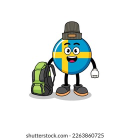 Illustration of sweden flag mascot as a hiker , character design