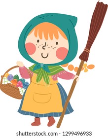 Illustration of a Swedish Kid Girl Wearing Witch Costume Holding a Basket Full of Easter Eggs and a Broomstick